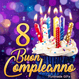 GIF di compleanno 8 anni rappresentante un dolce tortino con candele accese e il numero 8 in oro brillante.