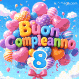 Palloncini colorati si muovono al vento in un cielo luminoso. Le lettere 3D formano Buon Compleanno proprio sopra il grande numero azzurro 8.