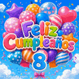 GIF de cumpleaños 8 años representando un alegre ramillete de globos meciéndose suavemente sobre fondo de nubes.