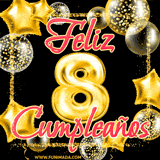 Animación de un GIF con el número 8 en dorado, rodeado de estrellas, burbujas brillantes y la frase 'Feliz cumpleaños' en letras modernas y festivas.