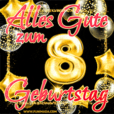 Glänzende goldene Ballons und ein quadratischer Glitzerrahmen: Animiertes GIF zum 8. Geburtstag mit der großen goldenen Zahl 8