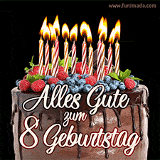 Das Geburtstags-GIF zeigt einen Schokoladenkuchen mit Beeren und Kerzen zur Feier eines 8. Geburtstags.