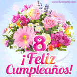 GIF de un colorido ramo de flores rosas, lilas y blancas, con el número 8 destacado en rosa y el mensaje '¡Feliz cumpleaños!' en un estilo encantador.