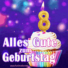 Ein glänzendes Geburtstags-GIF mit goldenen Kerzen mit der Zahl 8 auf einem weißen cremefarbenen Cupcake und dem Text 'Alles Gute zum Geburtstag'.
