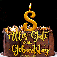 Animiertes GIF mit einer Schokoladen-Geburtstagstorte, großen goldenen Kerzen mit der Zahl 8 und einem dekorativen Text mit der Aufschrift 'Alles Gute zum Geburtstag'.
