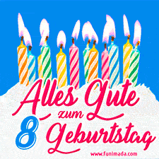 Ein buntes Geburtstags-GIF mit strahlenden Kerzen auf einer festlichen Torte zur Feier des 8.
