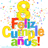 GIF festivo lleno de confeti de colores, el número 8 grande en amarillo y la frase 'Feliz cumpleaños' en letras multicolores y brillantes.