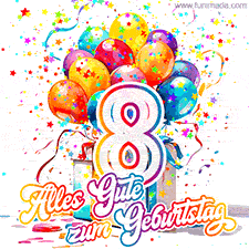 Ein lebendiges Geburtstags-GIF mit bunten Ballons, animiertem Konfetti, der Zahl 8 und den Worten 'Alles Gute zum Geburtstag' in dekorativer Schriftart.