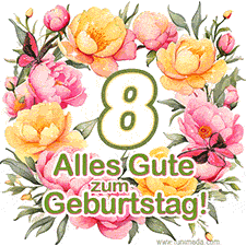 Ein elegantes GIF mit einem Blumenkranz in zarten Tönen, der großen Zahl 8 und den Worten 'Alles Gute zum Geburtstag'.
