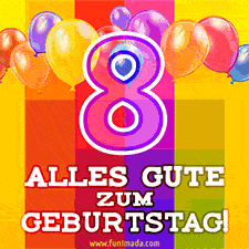 Große Zahl 35 in Umrissschrift, die Worte 'Alles Gute zum 8. Geburtstag', mehrfarbige animierte Ballons und lebendiger Hintergrund.