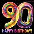 Shiny number 90 birthday celebration balloons with an iridescent glow, animated GIF