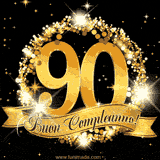 Il numero 90 è circondato da un anello dorato brillante, accompagnato da un nastro elegante con la scritta 'Buon Compleanno!' su uno sfondo scuro.