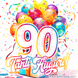 Animazione con palloncini colorati e scintillanti, accompagnata dal numero 90 in caratteri grandi e luminosi, e la scritta 'Tanti Auguri!' in stile vivace.