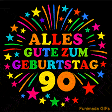 Animiertes GIF 'Alles Gute zum Geburtstag 90 mit bunten Buchstaben und leuchtenden Sternen
