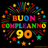 GIF animata 'Buon Compleanno 90' con lettere colorate e fuochi d'artificio