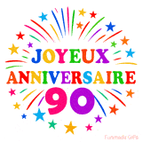 GIF animé joyeux anniversaire 90 ans avec étoiles multicolores et feu d’artifice
