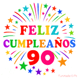 Imagen animada para felicitar los 90 años con letras de colores y diseño festivo.