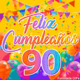 Un GIF animado para un 90º cumpleaños, Muestra el texto 'Feliz Cumpleaños 90' sobre un fondo amarillo vibrante con globos de colores, banderines y una lluvia de confeti.