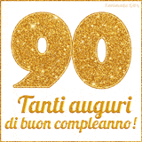 GIF animata per un 90° compleanno, Mostra il numero 90 in grandi caratteri dorati pieni di glitter scintillante, Sotto, la scritta 'Tanti auguri di buon compleanno!' in un elegante oro.