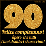 Un GIF animato per un 90° compleanno, Presenta il testo 'Buon Compleanno 90' su uno sfondo giallo vivo con palloncini colorati, festoni e una pioggia di coriandoli.