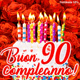 GIF animata per un 90° compleanno, Mostra una torta bianca con candeline colorate accese e coriandoli, di fronte a un muro di rose rosse, Il testo dice 'Buon 90 compleanno!'.