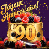 Une animation de célébration d'un gâteau de 90ème anniversaire, Des étoiles dorées tombent du ciel, mettant en valeur le texte 'Joyeux Anniversaire !' et le nombre doré 90 à l'avant du gâteau.