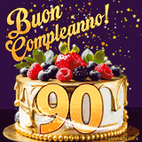 Un GIF animato di una bellissima torta per il 90° compleanno con glassa dorata e frutti di bosco freschi, Il numero dorato 90 è davanti, e stelle cadono su uno sfondo viola scuro.