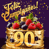 Una animación de celebración de una tarta para el 90º cumpleaños, Estrellas doradas caen del cielo, destacando el texto '¡Feliz Cumpleaños!' y el número dorado 90 en la tarta.