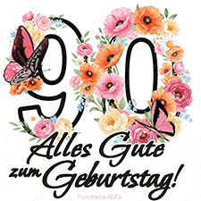 Ein florales GIF zum 90. Geburtstag. Die Zahl '90' ist von animierten Blumen und Schmetterlingen umgeben und bietet eine schöne und fröhliche Art, den Meilenstein zu feiern.