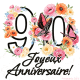 Ce GIF de Joyeux 90ème Anniversaire présente le nombre vingt rempli d'un bouquet vibrant de fleurs animées, avec des papillons qui bougent doucement sur un fond blanc.