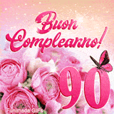 Novantesimo compleanno in GIF animata: rose rosa scenografiche, numero novanta e farfalla rosa su sfondo dorato e luminoso.