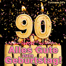 Eine Torte mit Schokoglasur, rosa Perlen und einer brennenden goldenen 90. Goldfarbene Schnipsel fallen herab. Text: Alles Gute zum Geburtstag! Rund.