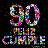 El texto FELIZ CUMPLE y el número 90 muestran sus formas de joyas multicolores brillantes recortándose sobre un fondo negro con estrellitas.