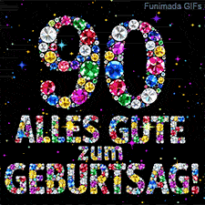 Auf schwarzer Fläche stehen die Zahl 90 und Alles Gute zum Geburtstag aus bunten Diamanten, begleitet von kleinen leuchtenden Sternen.