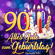 Die Zahl 90 in Gold neben einem Törtchen in blauer Papierform mit Kerzen. Unten steht 'Alles Gute zum Geburtstag!' auf einem lila Hintergrund.