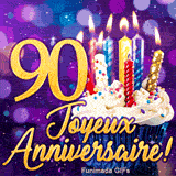 GIF grand jubilé 90 ans : le chiffre 90 d'exception en or brillant avec un cupcake aux bougies illuminées.