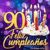 GIF gran jubileo 90 años: el número 90 de excepción en oro brillante con un cupcake de velas relucientes.