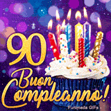 GIF gran traguardo 90 anni: il numero 90 di eccezione in oro brillante con un cupcake di candeline risplendenti.
