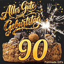 Die goldene 90 prangt mittig auf einem Schokokuchen. Umgeben von fallendem Sternenkonfetti, einer sprühenden Wunderkerze und dem Text.