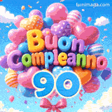 Sotto un bel cielo azzurro, un mazzo festoso di palloncini che ondeggiano presenta il testo 3D Buon Compleanno e il grande numero azzurro 90 sospeso.