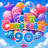 GIF gran jubileo 90 años: el número 90 de excepción en azul brillante con racimos de globos flotando al aire.