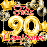 Animación de un GIF con el número 90 en dorado, rodeado de estrellas, burbujas brillantes y la frase 'Feliz cumpleaños' en letras modernas y festivas.