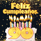 GIF animado de un pastel decorado con velas de colores, con el número 90 resaltado y un fondo brillante que transmite celebración.