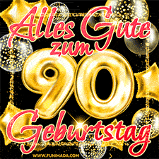 Glänzende goldene Ballons und ein quadratischer Glitzerrahmen: Animiertes GIF zum 90. Geburtstag mit der großen goldenen Zahl 90