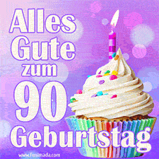 Ein lebendiges Geburtstags-GIF mit einem dekorierten Cupcake, einer Kerze und der Zahl 90 auf einem bunten Hintergrund.