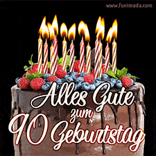 Das Geburtstags-GIF zeigt einen Schokoladenkuchen mit Beeren und Kerzen zur Feier eines 90. Geburtstags.