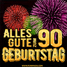 Ein dynamisches animiertes GIF mit buntem Feuerwerk und goldenen Zahlen, die den 90 Geburtstag hervorheben.