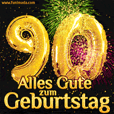 Große goldene Zahlen 90 auf schwarzem Hintergrund, die Worte 'Alles Gute zum Geburtstag' in goldener Schrift und ein spektakuläres Feuerwerk.