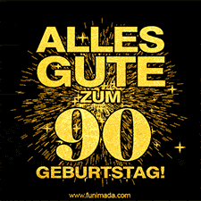 Ein GIF zum90. Geburtstag mit goldener Schrift und Feuerwerk auf schwarzem Hintergrund.