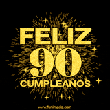 GIF animado con un diseño dorado, mostrando el número 90 rodeado de fuegos artificiales y luces que resaltan una atmósfera festiva y vibrante.